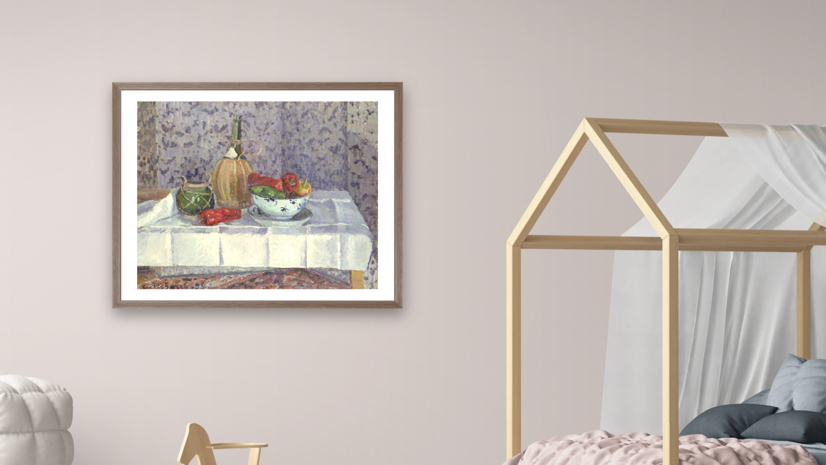 Still Life with Peppers by Camille Pissarro, shown at 32 × 40 in (81.3 × 101.6 cm) in Arber Light Walnut, bedroom