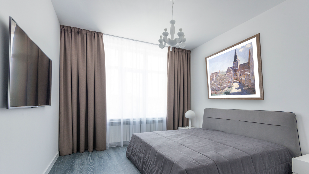 Bennecourt by Claude Monet, shown at 32 × 32 in (81.3 × 81.3 cm) in Arber Light Walnut, bedroom
