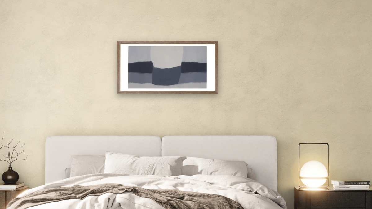 Japanese Landscape by Felrath Hines, shown at 20 × 40 in (50.8 × 101.6 cm) in Arber Light Walnut, bedroom