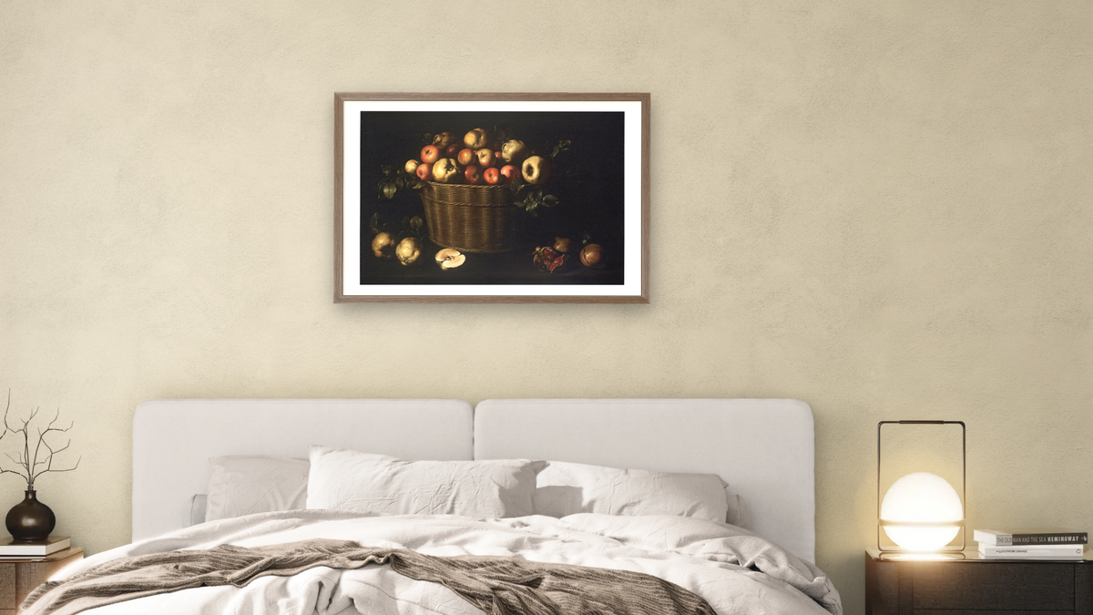 Panera de pomes, codonys i magranes by Juan de Zurbarán, shown at 28 × 42 in (71.1 × 106.7 cm) in Arber Light Walnut, bedroom
