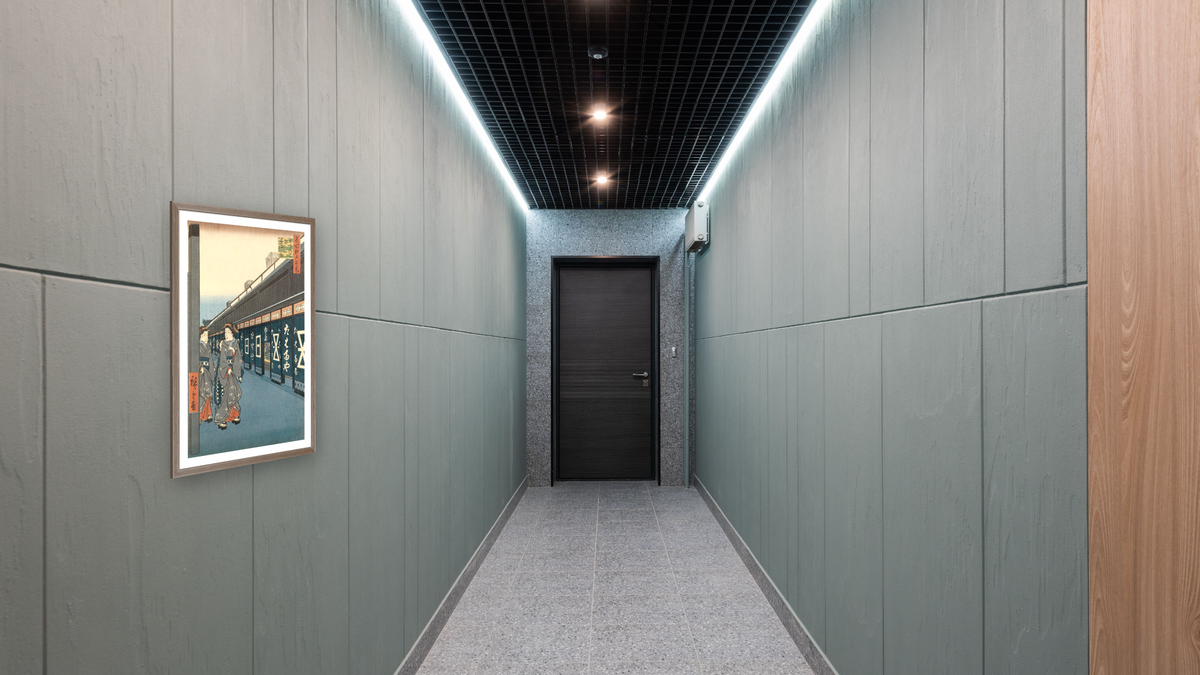 Wholesalers of cotton fabrics at Otemma Street, illustration from the series 'On hundred famous views of Edo', shown at 28 × 42 in (71.1 × 106.7 cm) in Arber Light Walnut, hallway