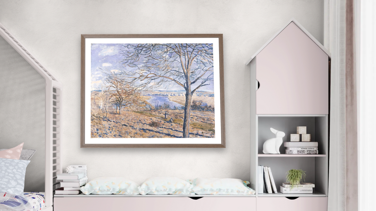 Banks of the Loing - Autumn Effect, 1881 by Alfred Sisley, shown at 32 × 40 in (81.3 × 101.6 cm) in Arber Light Walnut, bedroom