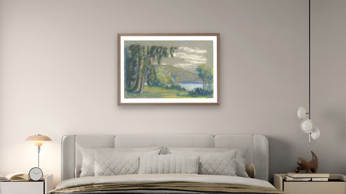 Landscape from A.B. Davies book, edition #3/50 by Arthur Bowen Davies, shown at 28 × 42 in (71.1 × 106.7 cm) in Arber Light Walnut, bedroom