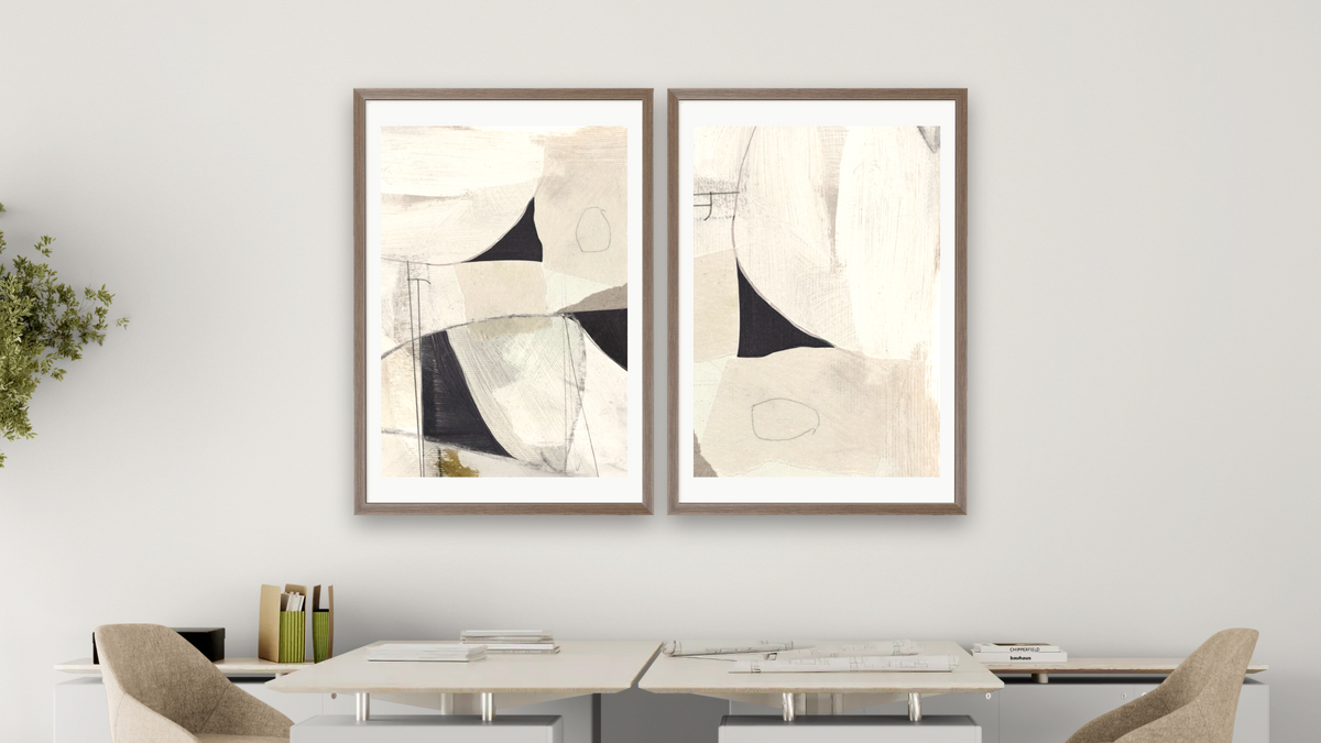Diptych — High 1 × High 2, shown at 28 × 42 in (71.1 × 106.7 cm) in Arber Light Walnut, office