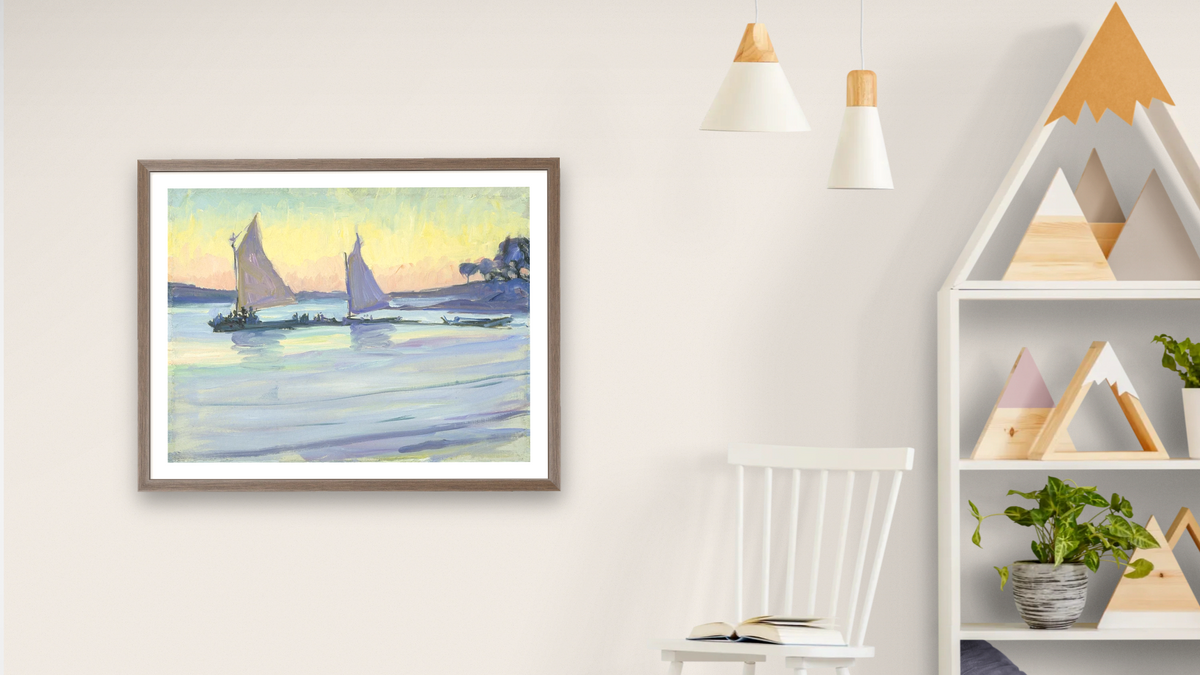 Boats on the Nile, Dawn by Jane Peterson, shown at 30 × 40 in (76.2 × 101.6 cm) in Arber Light Walnut, bedroom
