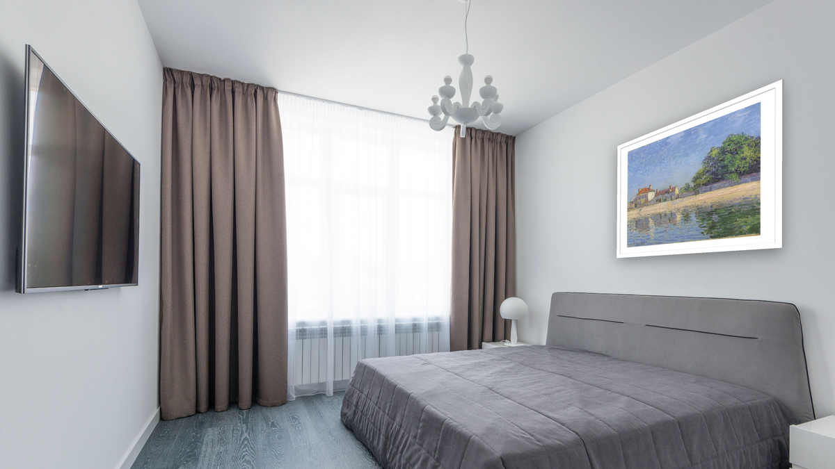 Bords Du Loing, Saint-Mammes by Alfred Sisley, shown at 32 × 40 in (81.3 × 101.6 cm) in Arber Light Walnut, bedroom