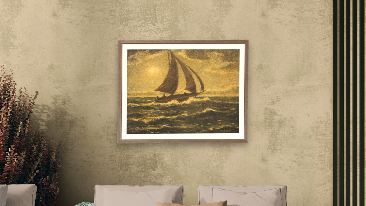 Moonlight Sail by Albert Pinkham Ryder, shown at 30 × 40 in (76.2 × 101.6 cm) in Arber Light Walnut, living
