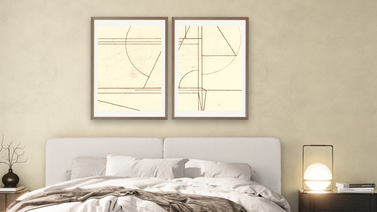 Diptych — Min Mod 1 × Min Mod 2, shown at 28 × 42 in (71.1 × 106.7 cm) in Arber Light Walnut, bedroom