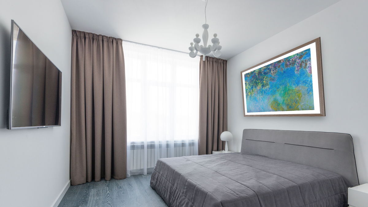 Wisteria by Claude Monet, shown at 30 × 40 in (76.2 × 101.6 cm) in Arber Light Walnut, bedroom