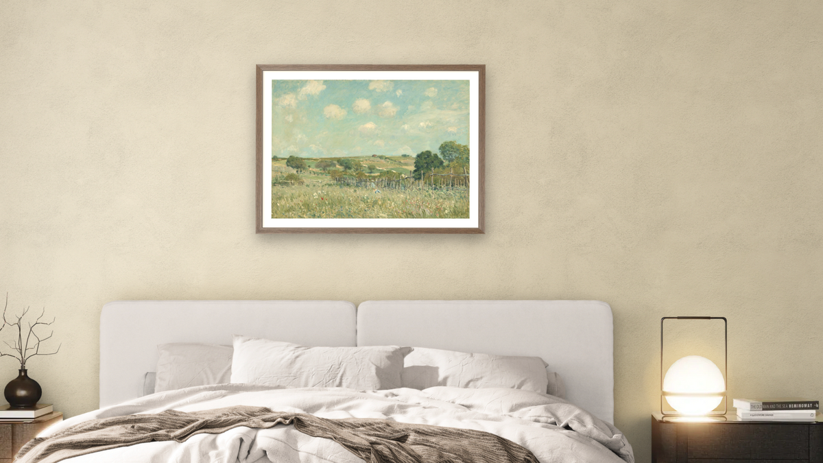 Meadow by Alfred Sisley, shown at 30 × 40 in (76.2 × 101.6 cm) in Arber Light Walnut, bedroom
