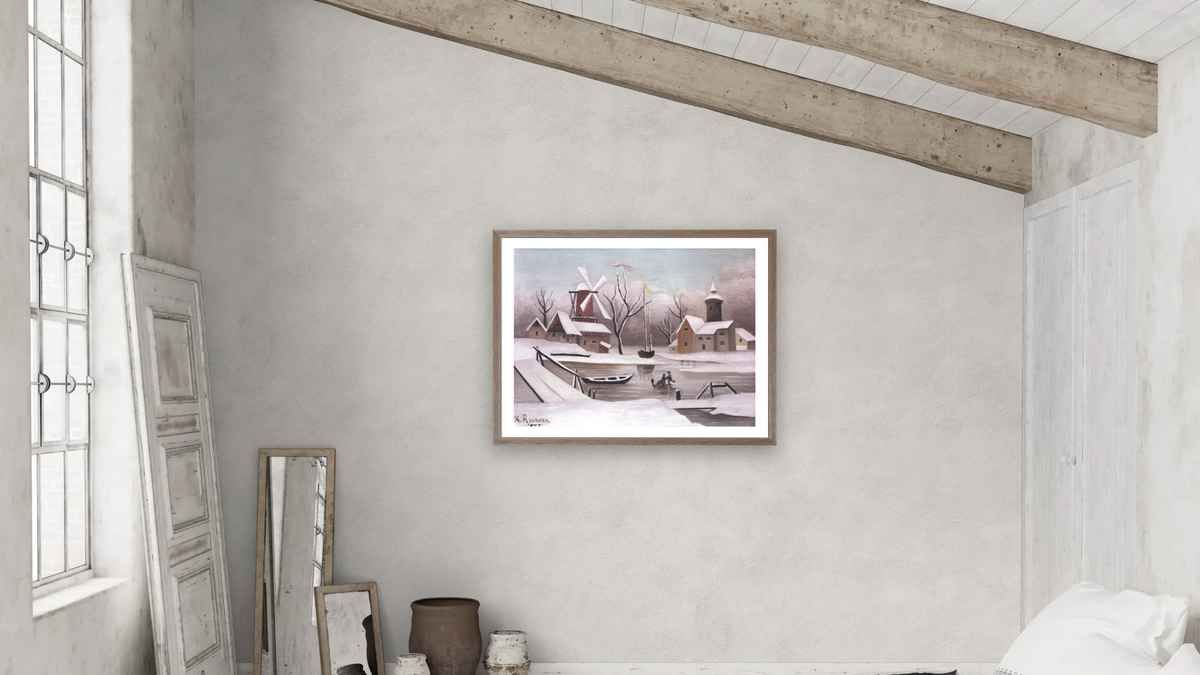 Ice Skaters on a Frozen Pond by Henri Rousseau, shown at 30 × 40 in (76.2 × 101.6 cm) in Arber Light Walnut, bedroom