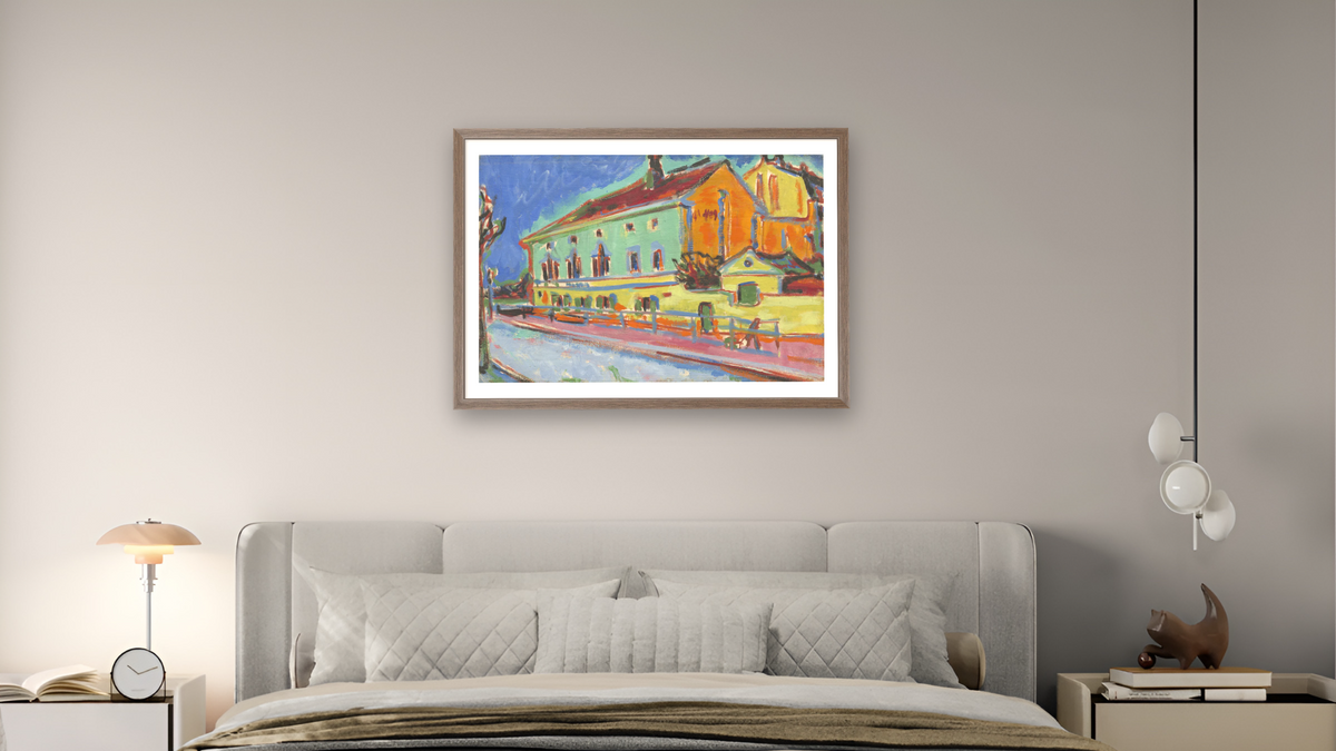 Dance Hall Bellevue (previously known as Houses in Dresden) by Ernst Ludwig Kirchner, shown at 28 × 42 in (71.1 × 106.7 cm) in Arber Light Walnut, bedroom