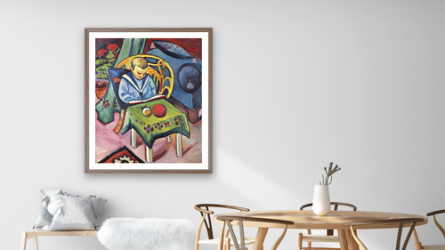 A Young Boy With Books and Toys by August Macke, shown at 32 × 40 in (81.3 × 101.6 cm) in Arber Light Walnut, dining [arteriel-render:v6:room_a:32x40@33,40]
