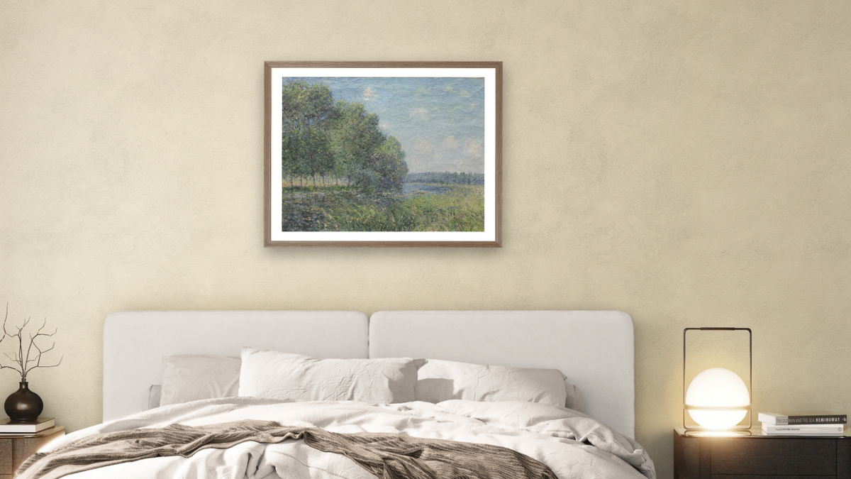 River View by Alfred Sisley, shown at 32 × 40 in (81.3 × 101.6 cm) in Arber Light Walnut, bedroom