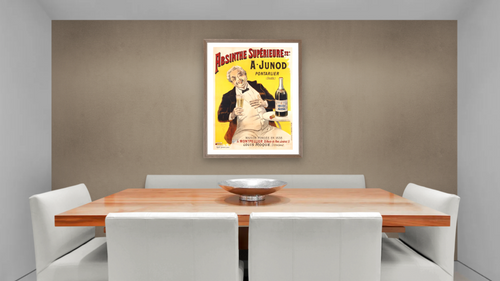 Absinthe Superieure Beverage Poster, shown at 30 × 40 in (76.2 × 101.6 cm) in Arber Light Walnut, dining [arteriel-render:v6:room_a:30x40@51,35]
