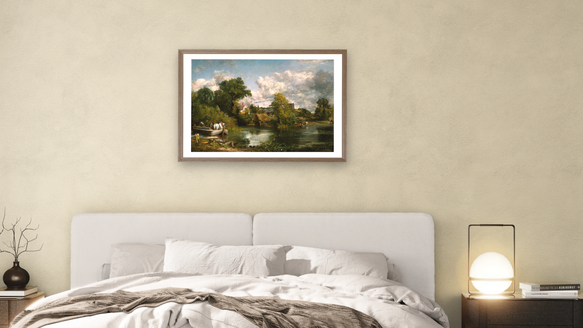 The White Horse by John Constable, shown at 28 × 42 in (71.1 × 106.7 cm) in Arber Light Walnut, bedroom