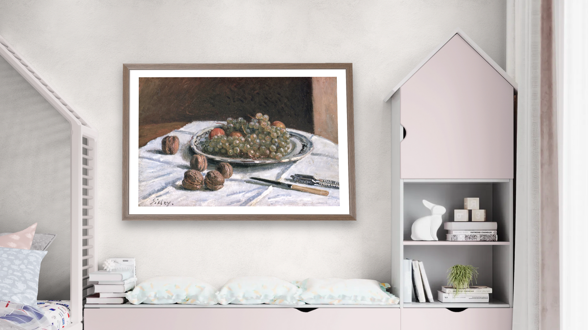 Grapes and Walnuts by Alfred Sisley, shown at 28 × 42 in (71.1 × 106.7 cm) in Arber Light Walnut, bedroom