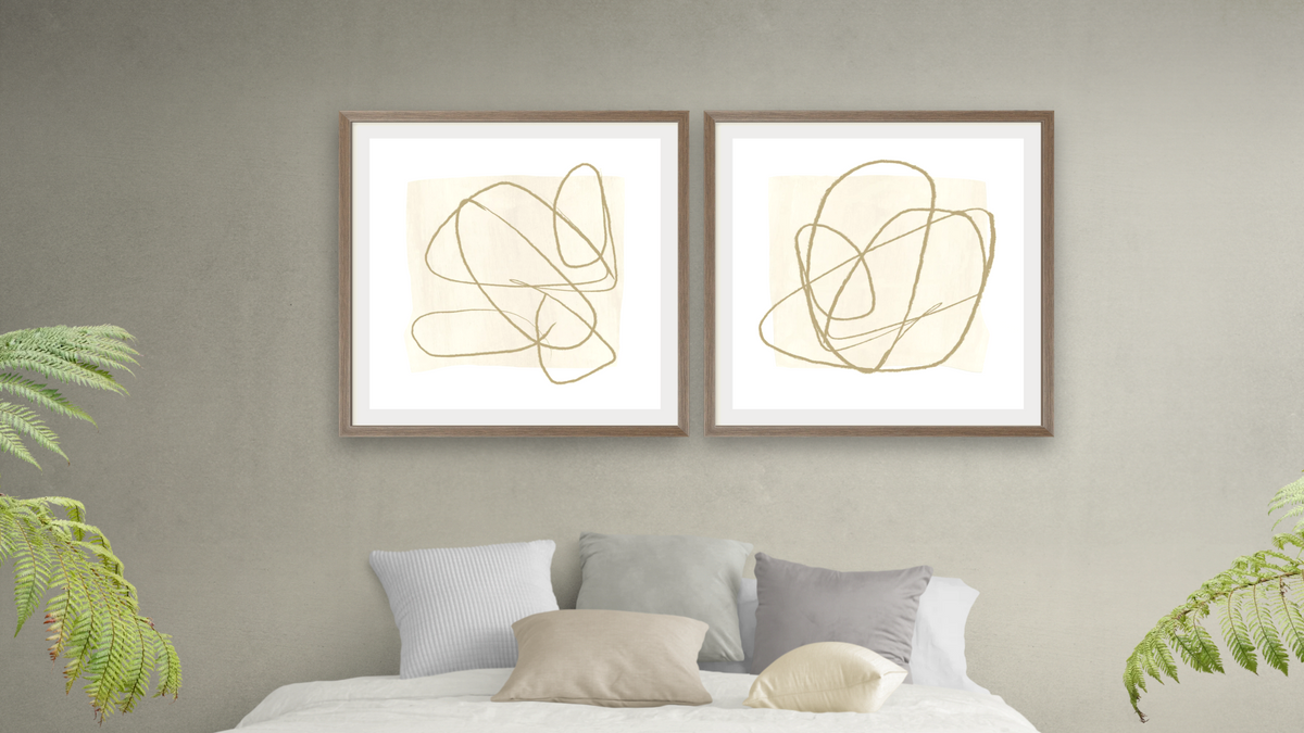 Diptych — Touch 1 × Touch 2, shown at 32 × 32 in (81.3 × 81.3 cm) in Arber Light Walnut, bedroom