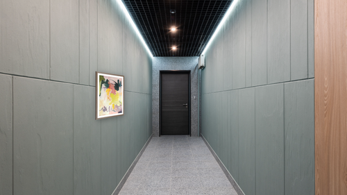 A Fleeting Moment by Katherine Bello, shown at 27 × 42 in (68.6 × 106.7 cm) in Arber Light Walnut, hallway [arteriel-render:v6:room_a:27x42@32,49]