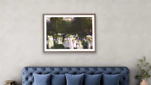 A Day in June by George Wesley Bellows, shown at 30 × 40 in (76.2 × 101.6 cm) in Arber Light Walnut, bedroom [arteriel-render:v6:room_a:30x40@46,39]