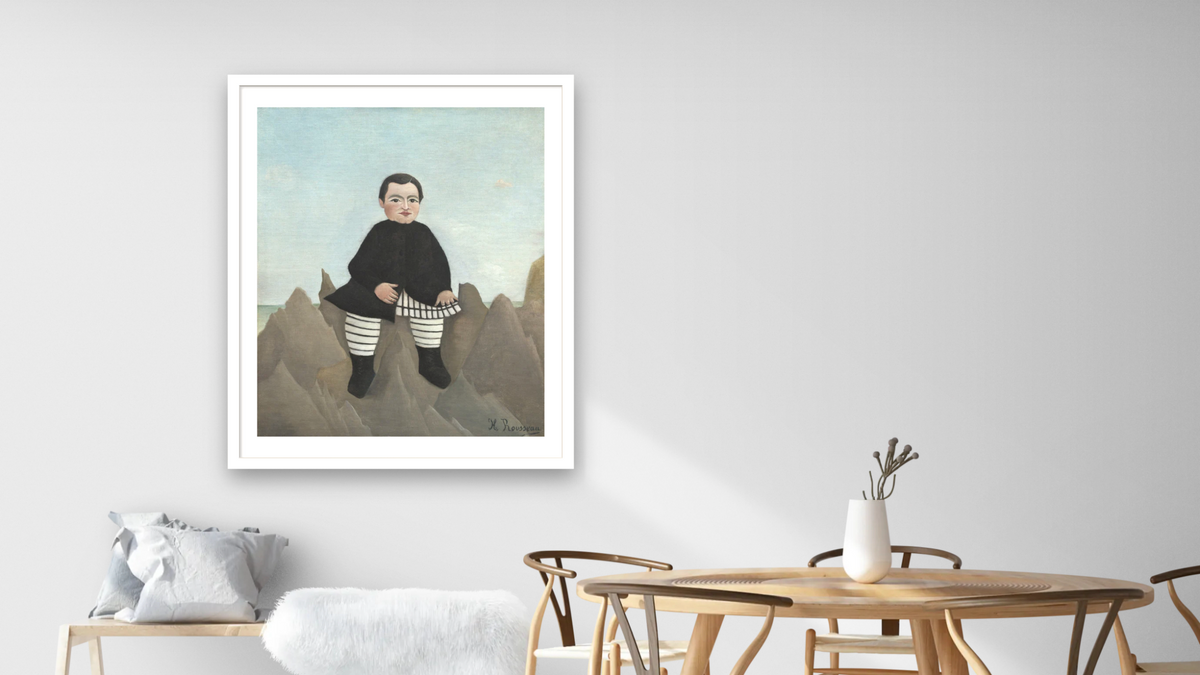 Boy on the Rocks by Henri Rousseau, shown at 32 × 40 in (81.3 × 101.6 cm) in Arber Light Walnut, dining
