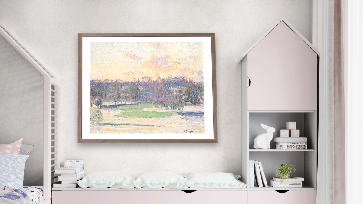 Flood at Sunset by Camille Pissarro, shown at 32 × 40 in (81.3 × 101.6 cm) in Arber Light Walnut, bedroom
