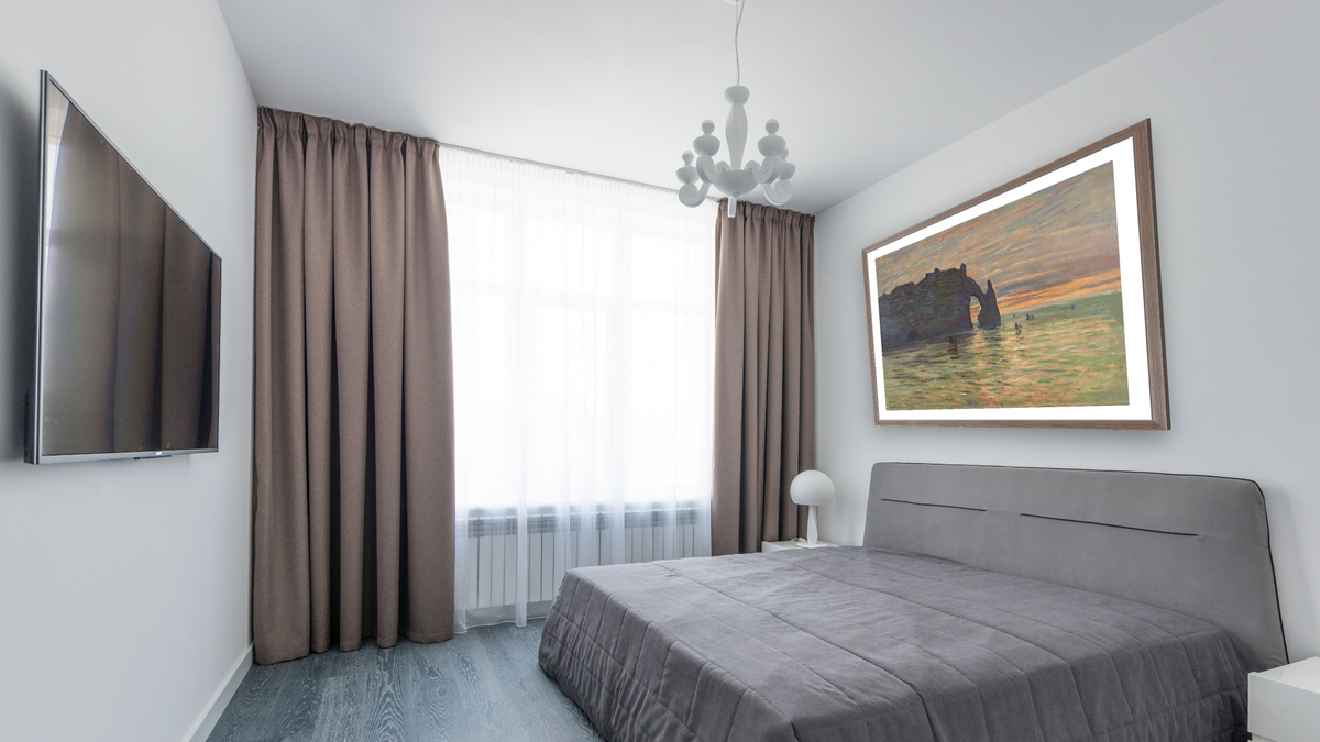 Coucher de Soleil a Etretat by Claude Monet, shown at 33 × 40 in (83.8 × 101.6 cm) in Arber Light Walnut, bedroom