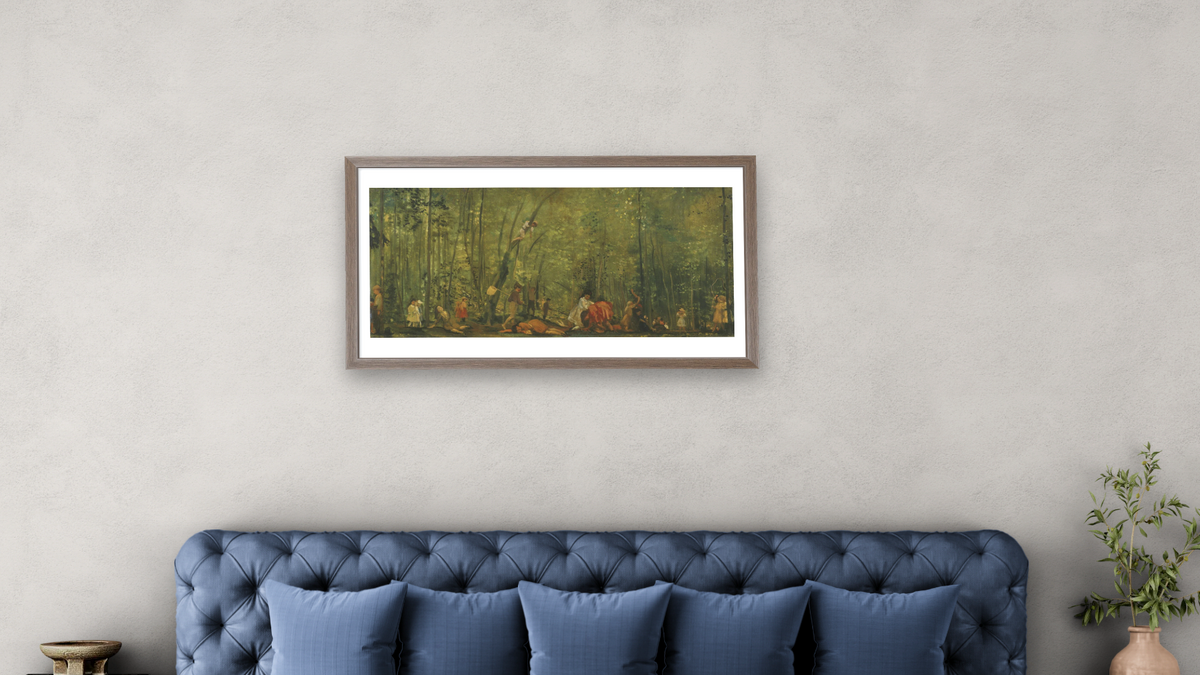 Springtime of Delight by Arthur Bowen Davies, shown at 20 × 40 in (50.8 × 101.6 cm) in Arber Light Walnut, bedroom