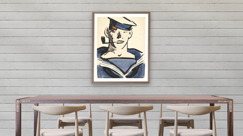 A Sailor by Francis Campbell Boileau Cadell, shown at 30 × 40 in (76.2 × 101.6 cm) in Arber Light Walnut, dining [arteriel-render:v6:room_a:30x40@50,35]