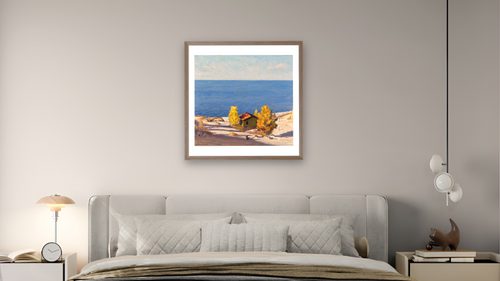 A Sunny Autumn Day by Frank V. Dudley, shown at 32 × 32 in (81.3 × 81.3 cm) in Arber Light Walnut, bedroom [arteriel-render:v6:room_a:32x32@49,36]