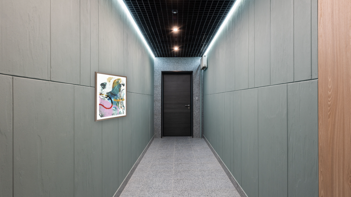 Move 1 by Dan Hobday, shown at 30 × 42 in (76.2 × 106.7 cm) in Arber Light Walnut, hallway