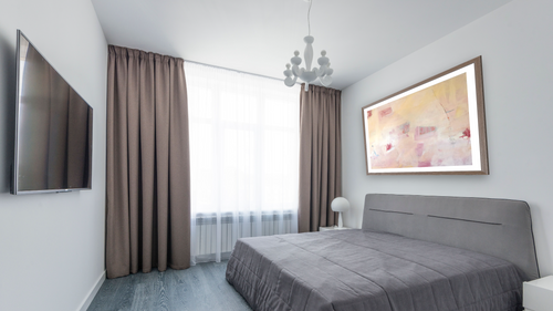 43rd Time’s a Charm by Katherine Bello, shown at 30 × 40 in (76.2 × 101.6 cm) in Arber Light Walnut, bedroom [arteriel-render:v6:room_a:30x40@77,37]