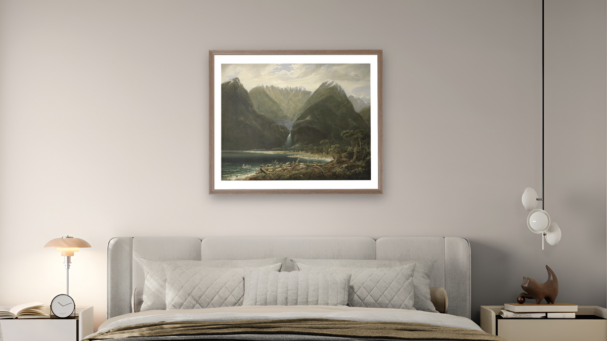 In Milford Sound, West Coast, New Zealand, shown at 32 × 40 in (81.3 × 101.6 cm) in Arber Light Walnut, bedroom
