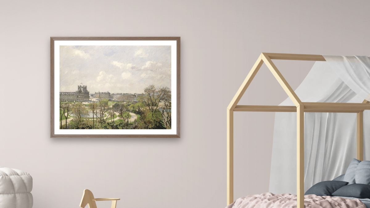 Jardin des Tuileries, Spring Morning by Camille Pissarro, shown at 32 × 40 in (81.3 × 101.6 cm) in Arber Light Walnut, bedroom
