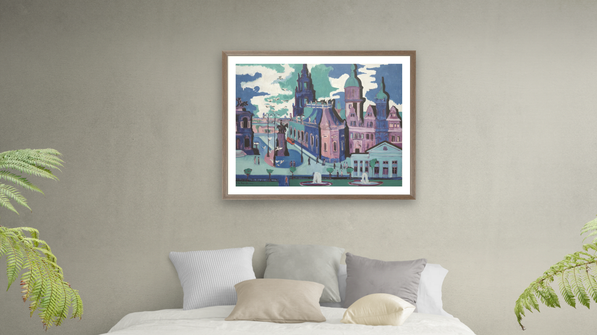 View of Dresden:  Schlossplatz by Ernst Ludwig Kirchner, shown at 32 × 40 in (81.3 × 101.6 cm) in Arber Light Walnut, bedroom