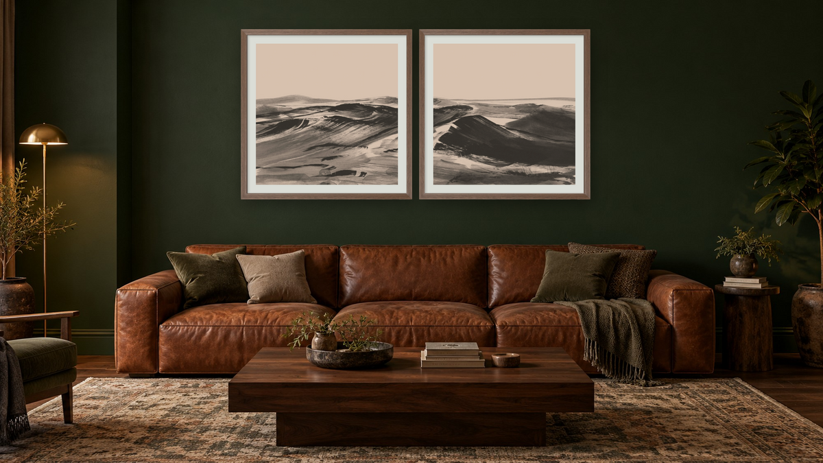 Diptych — Dustland 1 × Dustland 2, shown at 32 × 32 in (81.3 × 81.3 cm) in Arber Light Walnut, den