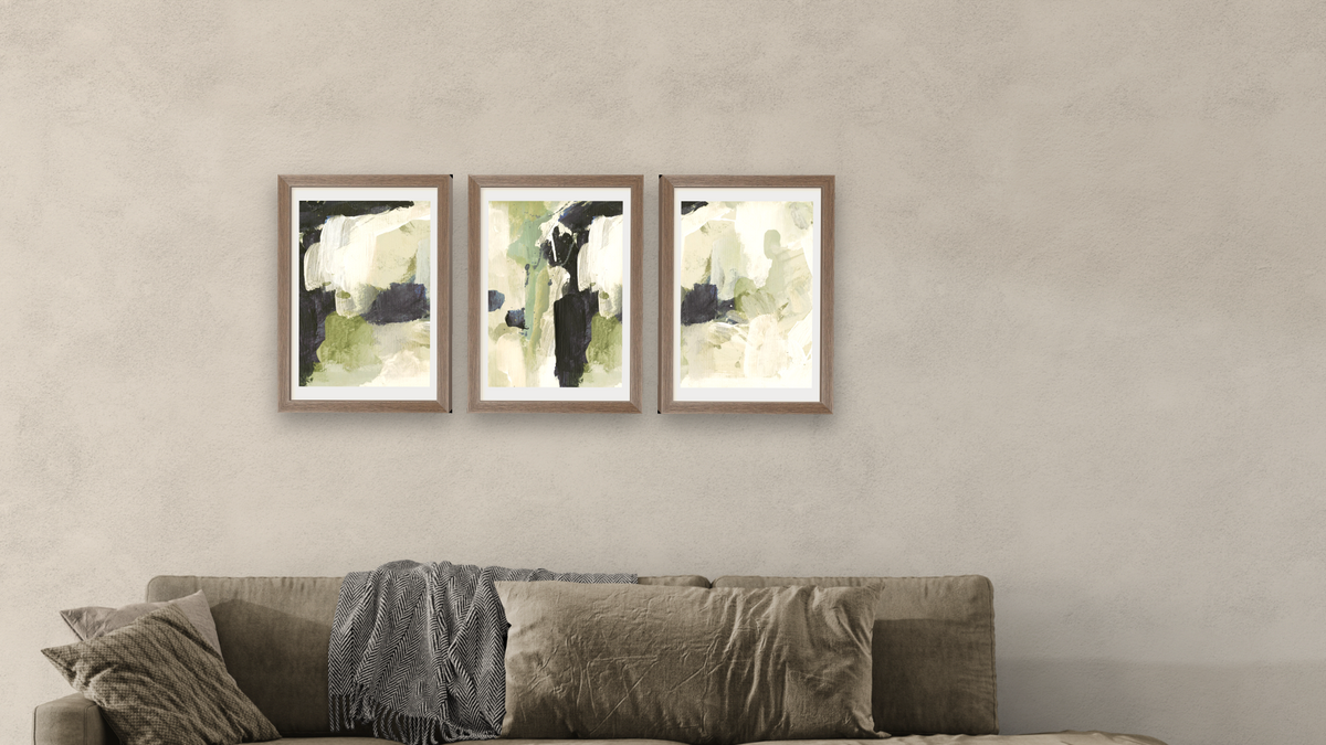 Triptych — Lush 1 × Lush 2 × Lush 3, shown at 14 × 21 in (35.6 × 53.3 cm) in Arber Light Walnut, living