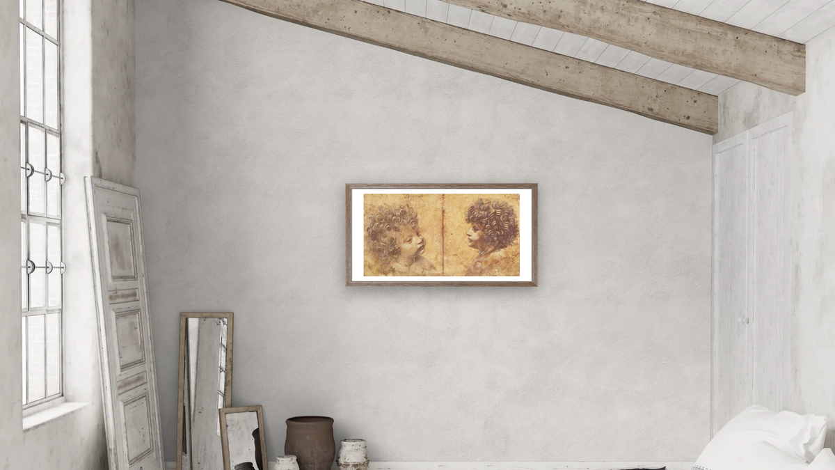 Two Studies of a Child's Head by Leonardo da Vinci, shown at 20 × 40 in (50.8 × 101.6 cm) in Arber Light Walnut, bedroom
