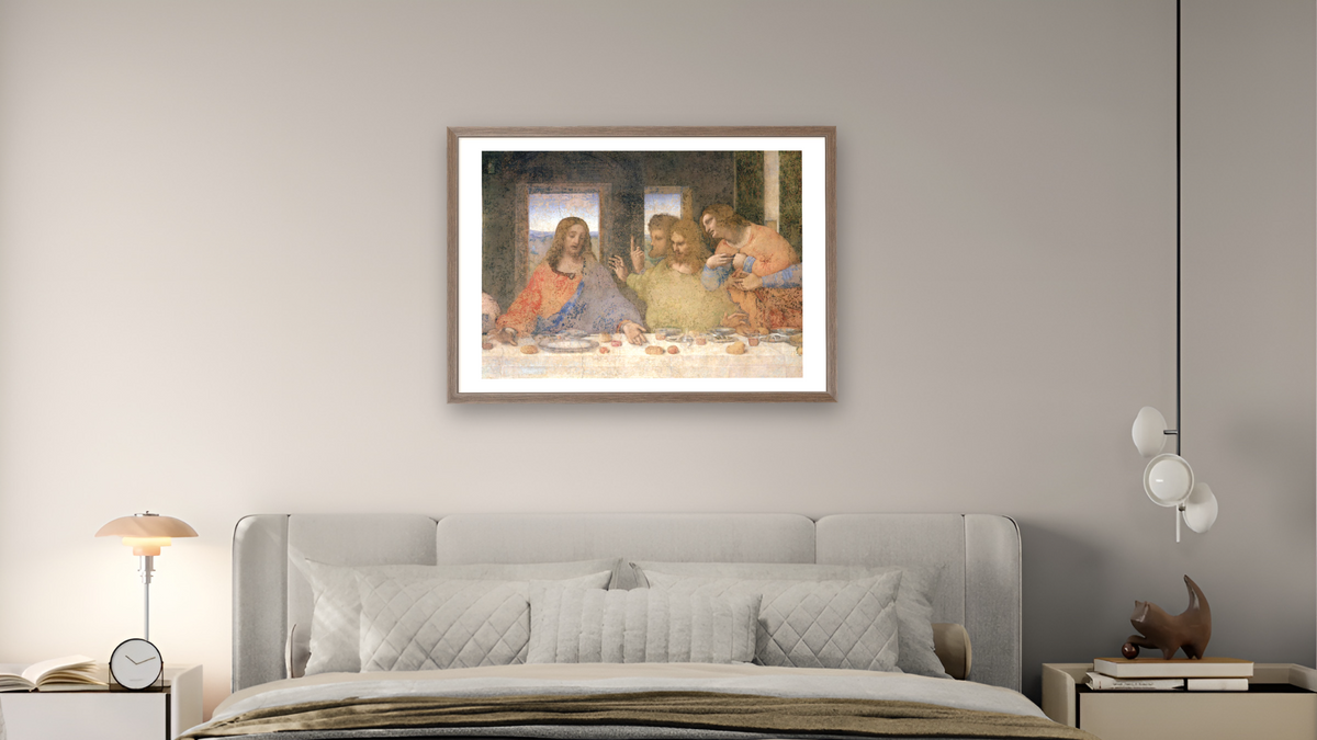 The Last Supper by Leonardo da Vinci, shown at 28 × 42 in (71.1 × 106.7 cm) in Arber Light Walnut, bedroom