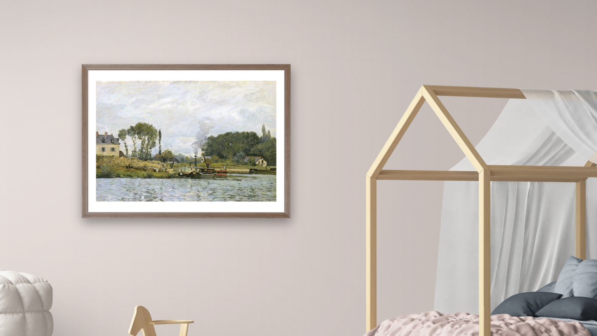 Boats at the lock at Bougival by Alfred Sisley, shown at 30 × 40 in (76.2 × 101.6 cm) in Arber Light Walnut, bedroom