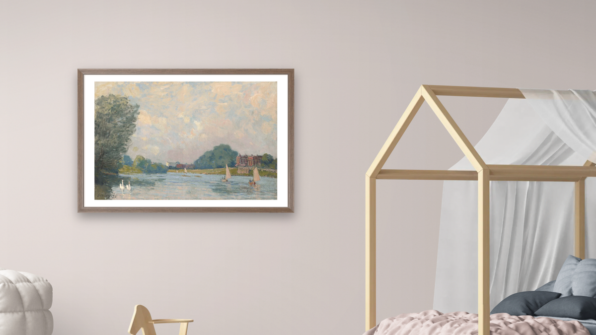 The Thames at Hampton Court, 1874 by Alfred Sisley, shown at 28 × 42 in (71.1 × 106.7 cm) in Arber Light Walnut, bedroom