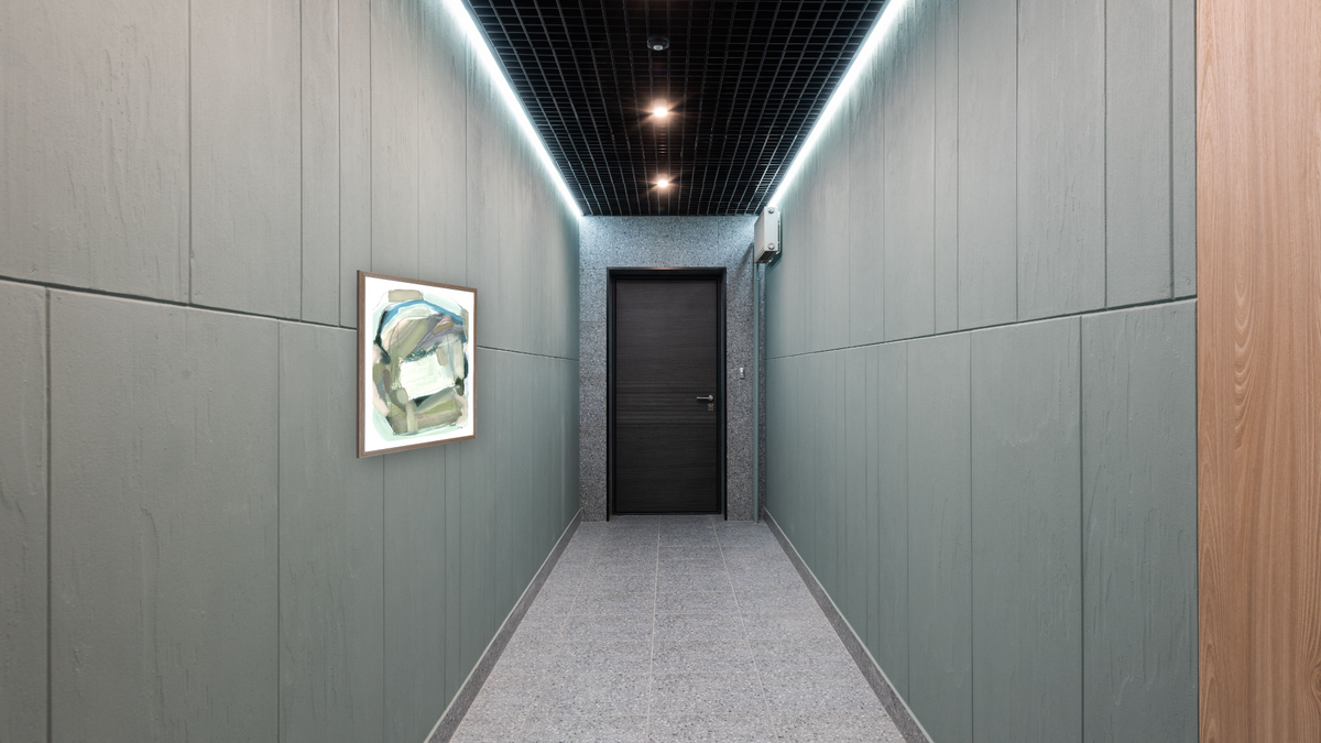 Lush Canvas by Dan Hobday, shown at 30 × 42 in (76.2 × 106.7 cm) in Arber Light Walnut, hallway