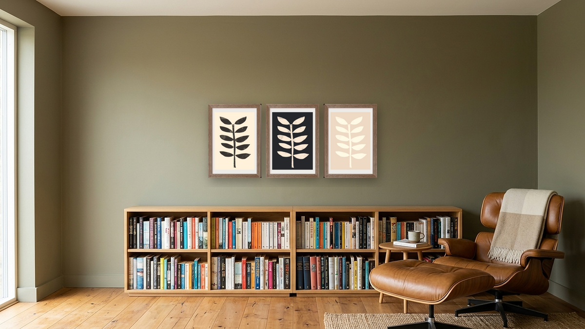 Triptych — Minimal Plant 1 × Minimal Plant 2 × Minimal Plant 3, shown at 14 × 21 in (35.6 × 53.3 cm) in Arber Light Walnut, library