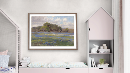 A Road through the Bluebonnets by Julian Onderdonk, shown at 30 × 40 in (76.2 × 101.6 cm) in Arber Light Walnut, bedroom [arteriel-render:v6:room_a:30x40@41,43]