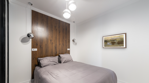'Still glides the stream, and shall for ever glide' by Arthur Streeton, shown at 20 × 40 in (50.8 × 101.6 cm) in Arber Light Walnut, bedroom [arteriel-render:v6:room_a:20x40@77,49]