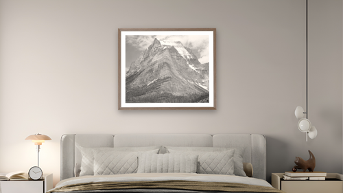 "Going-to-the-Sun Mountain", Glacier National Park, Montana by Ansel Adams, shown at 32 × 40 in (81.3 × 101.6 cm) in Arber Light Walnut, bedroom [arteriel-render:v6:room_a:32x40@49,36]