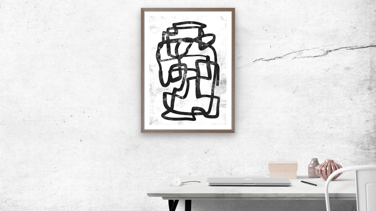 Mono Strokes 1 by Dan Hobday, shown at 30 × 42 in (76.2 × 106.7 cm) in Arber Light Walnut, office