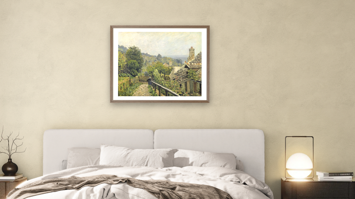 Louveciennes or, The Heights at Marly by Alfred Sisley, shown at 32 × 40 in (81.3 × 101.6 cm) in Arber Light Walnut, bedroom