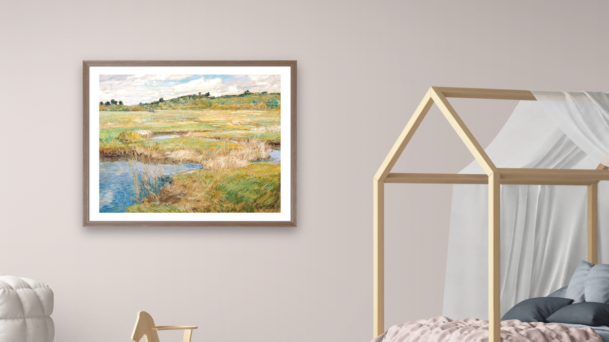 The Concord Meadow, Concord, Massachusetts by Childe Hassam, shown at 32 × 40 in (81.3 × 101.6 cm) in Arber Light Walnut, bedroom