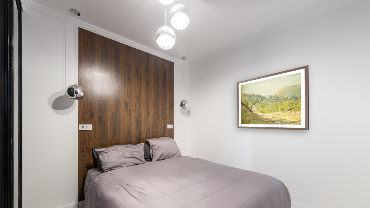 Aux Petites Dalles by Claude Monet, shown at 32 × 40 in (81.3 × 101.6 cm) in Arber Light Walnut, bedroom